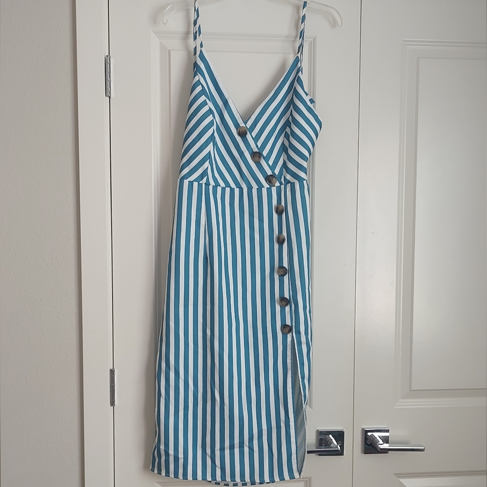 Blue and White Striped Midi Dress